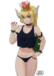 Rule 34 | 1girl, absurdres, black panties, blonde hair, blue eyes, bowsette, bracelet, carlo montie, claw pose, collar, commentary, cowboy shot, crop top, crop top overhang, crown, english commentary, fang, fang out, hand on own hip, highres, horns, jewelry, looking at viewer, mario (series), midriff, nail polish, new super mario bros. u deluxe, nintendo, no pants, panties, ponytail, simple background, solo, spiked bracelet, spiked collar, spikes, super crown, tank top, underwear, white background