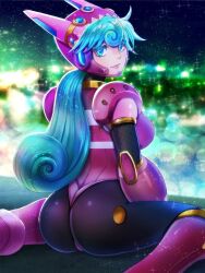 Rule 34 | 1girl, android, aqua hair, armor, artist request, blue eyes, blurry, blurry background, bodysuit, boots, breasts, closed mouth, helmet, highleg, highleg leotard, highres, joints, leotard, lips, long hair, looking at viewer, low ponytail, marino (mega man), medium breasts, mega man (series), mega man x: command mission, mega man x (series), outdoors, ponytail, robot joints, shiny clothes, shoulder armor, simple background, skin tight, sky, smile, solo, sparkle, star (sky), starry sky