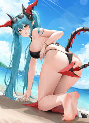 Rule 34 | 1girl, aqua hair, azur lane, black one-piece swimsuit, blue sky, blush, breasts, choker, convenient censoring, dragon girl, dragon horns, dragon tail, eyewear on head, highres, horns, kneeling, large breasts, long hair, looking at viewer, mechanical horns, mechanical tail, ocean, one-piece swimsuit, parted lips, pointy ears, qing wu, regensburg (azur lane), regensburg (dark dragon brilliant beach) (azur lane), sand, sky, slingshot swimsuit, solo, spiked choker, spikes, sunglasses, swimsuit, tail, yellow eyes