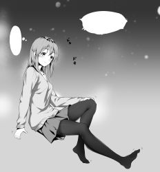 Rule 34 | 1girl, absurdres, blank speech bubble, blush, breasts, closed mouth, commentary request, feet, full body, greyscale, hand on leg, highres, himitsu (hi mi tsu 2), long sleeves, medium breasts, monochrome, motion lines, no shoes, original, pantyhose, school uniform, sitting, skirt, smile, solo, speech bubble, sweater, toes