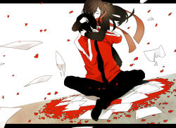 Rule 34 | 1boy, 1girl, bad id, bad pixiv id, black hair, hair ornament, hairclip, hetero, hug, hug from behind, jacket, kagerou project, kisaragi shintarou, letterboxed, long hair, paper, petals, red scarf, scarf, school uniform, short hair, smile, striped clothes, striped jacket, tateyama ayano, test score, tomann, toumei answer (vocaloid), vocaloid