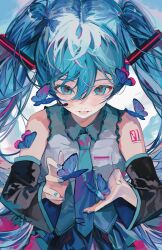 Rule 34 | 1girl, arm tattoo, bare shoulders, blue background, blue butterfly, blue eyes, blue hair, blue nails, blue necktie, blue skirt, blue theme, bug, butterfly, collared shirt, commentary, detached sleeves, english commentary, from above, grey shirt, hair between eyes, hatsune miku, headset, highres, insect, long hair, nail polish, necktie, number tattoo, parted lips, ponn mame, shirt, signature, skirt, sleeveless, sleeveless shirt, solo, tattoo, twintails, twitter username, upper body, vocaloid