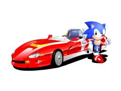 Rule 34 | 1boy, black eyes, blue fur, car, convertible, furry, furry male, gloves, hedgehog, male focus, motor vehicle, non-web source, official art, race vehicle, racecar, red car, red footwear, shadow, shoes, solo, sonic (series), sonic the hedgehog, standing, thumbs up, white background, white gloves