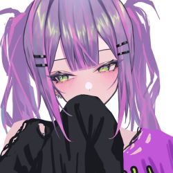 Rule 34 | 1girl, alternate costume, black shirt, blush, clothing cutout, commentary, covered mouth, ear piercing, eyelashes, green eyes, hair ornament, hairclip, highres, hololive, kmgrru, long hair, looking to the side, multicolored hair, piercing, pink hair, purple hair, purple shirt, shirt, shoulder cutout, simple background, solo, streaked hair, tokoyami towa, twintails, two-tone hair, two-tone shirt, unfinished, virtual youtuber, white background
