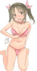 Rule 34 | 1girl, areola slip, bare shoulders, barefoot, blush, bow, bra, bra pull, breasts, brown eyes, brown hair, cleavage, clothes pull, collarbone, covered erect nipples, dot nose, hair bow, hair ribbon, hand up, idolmaster, idolmaster cinderella girls, idolmaster cinderella girls starlight stage, imai kana, looking at viewer, medium breasts, midriff, navel, open mouth, panties, pink bra, pink panties, pink ribbon, ribbon, rkrk, short hair, signature, simple background, sitting, smile, solo, teeth, twintails, twitter username, underwear, underwear only, upper teeth only, wariza, white background