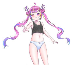 Rule 34 | 1girl, ahoge, asymmetrical clothes, asymmetrical legwear, bandaid, bandaid on face, commission, hair ornament, heterochromia, highres, idol corp, knees up, looking at viewer, multicolored hair, panties, pink eyes, pink hair, pointing, purple eyes, ribbon, riro ron, simple background, star (symbol), thighs, twintails, undershirt, underwear, underwear only, virtual youtuber, white background, white panties