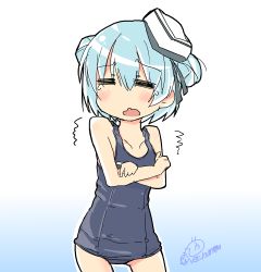 Rule 34 | 1girl, black ribbon, blue hair, blue one-piece swimsuit, closed eyes, cowboy shot, crossed arms, dixie cup hat, double bun, flat chest, gradient background, hair bun, hat, hat ribbon, highres, kantai collection, military hat, one-piece swimsuit, pun, ribbon, samuel b. roberts (kancolle), school swimsuit, short hair, signature, solo, standing, swimsuit, trembling, ver norma2, wavy mouth, white background, white hat