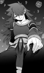 Rule 34 | 1boy, commentary, fengxi (the legend of luoxiaohei), flower, greyscale, hair over one eye, highres, long hair, long sleeves, looking at viewer, luo xiaohei zhanji, maki keigo, male focus, monochrome, petals, pointy ears, sash, simple background, smile, solo