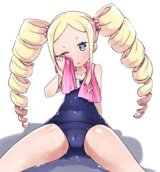 Rule 34 | 10s, 1girl, beatrice (re:zero), blonde hair, blue eyes, bug, butterfly, butterfly-shaped pupils, cameltoe, curly hair, drill hair, drying, ginto, insect, long hair, one-piece swimsuit, one eye closed, re:zero kara hajimeru isekai seikatsu, school swimsuit, sitting, solo, spread legs, swimsuit, symbol-shaped pupils, towel, twintails, very long hair, wet, wet clothes, wet swimsuit