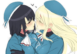 Rule 34 | 10s, 2girls, atago (kancolle), black hair, blonde hair, blush, breasts, gloves, hat, heart, highres, imminent kiss, kantai collection, large breasts, long hair, multiple girls, personification, red eyes, short hair, simple background, sketch, takao (kancolle), tyaka, white background, yomosaka, yuri