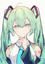 Rule 34 | 1girl, ahoge, aqua hair, bare shoulders, blue eyes, closed mouth, collared shirt, commentary, detached sleeves, fanshu, hair between eyes, hand on own chin, hatsune miku, highres, long hair, long sleeves, looking at viewer, shirt, simple background, sleeveless, sleeveless shirt, smile, solo, stroking own chin, tattoo, twintails, upper body, vocaloid, white background, white shirt