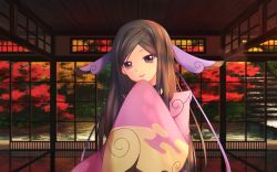 Rule 34 | 1girl, :d, architecture, black choker, black hair, chami (charming621), choker, commentary request, creatures (company), east asian architecture, furisode, game freak, gym leader, hair ornament, highres, indoors, japanese clothes, kimono, long hair, long sleeves, looking at viewer, nintendo, open mouth, pink kimono, pokemon, pokemon xy, print kimono, purple eyes, sidelocks, sleeves past fingers, sleeves past wrists, smile, solo, tree, upper body, valerie (pokemon), very long hair, wide sleeves, window