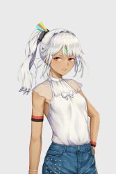 Rule 34 | 1girl, altera (fate), arm strap, armpits, bad id, bad pixiv id, bare arms, bare shoulders, blue shorts, collarbone, cowboy shot, dark-skinned female, dark skin, fate/grand order, fate (series), grey background, hand on own hip, hokori sakuni, long hair, looking at viewer, parted lips, ponytail, red eyes, see-through, shirt, shirt tucked in, shorts, sidelocks, silver hair, simple background, sleeveless, sleeveless shirt, solo, standing, studs, veil, white shirt, wristband