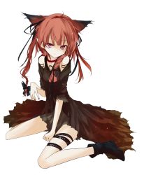 Rule 34 | 1girl, animal ears, boots, bow, cat ears, cat girl, clothing cutout, commentary request, dress, female focus, full body, gradient clothes, hair bow, hair ornament, kaenbyou rin, looking at viewer, loxodon, messy hair, red eyes, red hair, short dress, short hair, short sleeves, shoulder cutout, simple background, sitting, solo, touhou, wariza, white background