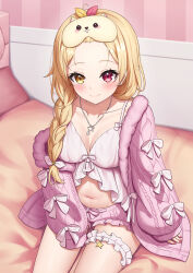 Rule 34 | 1girl, bangs pinned back, blonde hair, blush, braid, breasts, camisole, cleavage, closed mouth, collarbone, commentary request, forehead, frilled camisole, frilled shorts, frills, heterochromia, highres, hoshikawa sara, hoshikawa sara (7th costume), indoors, jacket, kag tsukimi, large breasts, long sleeves, looking at viewer, loungewear, midriff, navel, nijisanji, official alternate costume, official alternate hairstyle, pink jacket, pink shorts, puffy long sleeves, puffy sleeves, red eyes, shorts, single braid, sitting, sleep mask, sleeves past wrists, smile, solo, thigh strap, virtual youtuber, white camisole, yellow eyes