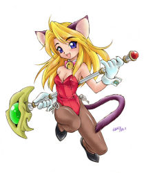 Rule 34 | 1girl, :d, animal ears, animal hands, bell, black footwear, blonde hair, blue eyes, blue hair, blush, breasts, brown pantyhose, cat ears, cat tail, cleavage, collar, dated, ebifly, fangs, full body, gloves, jingle bell, kittysuit, looking at viewer, matching hair/eyes, medium breasts, neck bell, nontraditional playboy bunny, open mouth, pantyhose, paw gloves, shoes, signature, simple background, smile, solo, staff, tail, white background