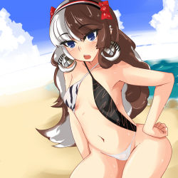 Rule 34 | 1girl, alternate costume, bad id, bad pixiv id, bare shoulders, beach, bikini, blue eyes, blue sky, bow, brown hair, cloud, collarbone, covered erect nipples, day, flat chest, hairband, hand on own hip, hip focus, houga (sangokushi taisen), imacchi, long hair, multicolored hair, navel, open mouth, outdoors, sangokushi taisen, see-through, sky, solo, split-color hair, swimsuit, two-tone hair, very long hair, water, wet, white hair