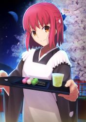 Rule 34 | 1girl, apron, black kimono, blue bow, bow, cherry blossoms, chien0mi, closed mouth, commentary, dango, drink, english commentary, food, green tea, hair bow, half updo, highres, holding, japanese clothes, kimono, kohaku (tsukihime), looking at viewer, maid, maid apron, moon, night, night sky, orange eyes, petals, red hair, short hair, sky, smile, solo, tea, tsukihime, upper body, wa maid, wagashi, white apron, wide sleeves