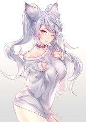 Rule 34 | 1girl, aki663, alternate costume, animal ears, bare shoulders, blush, braid, braided bangs, choker, collarbone, fraux, granblue fantasy, grey background, hand on own chest, highres, one eye closed, oversized clothes, oversized shirt, paw pose, red eyes, shirt, sign, silver hair, solo, twintails