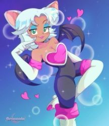 Rule 34 | 1990s (style), 1girl, animal ears, bat ears, bat girl, bat tail, bat wings, black bodysuit, blue background, blush, bodysuit, boots, breasts, bubble background, cleavage, collarbone, cresscin, dark skin, gloves, green eyes, heart, high heels, highres, humanization, index finger raised, large breasts, looking at viewer, raised eyebrow, retro artstyle, rouge the bat, sega, short hair, smile, sonic (series), sparkle, standing, standing on one leg, tail, thigh boots, white footwear, white gloves, white hair, wings