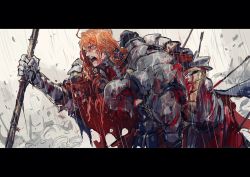 Rule 34 | 2boys, arm around back, armor, arrow (projectile), arrow in body, bleeding, blood, blood on face, blood on clothes, breastplate, cape, facing away, ferdinand von aegir, fire emblem, fire emblem: three houses, gauntlets, helmet, highres, holding, holding spear, holding weapon, letterboxed, long hair, looking away, male focus, manly, multiple boys, nintendo, ogata tomio, open mouth, orange eyes, orange hair, polearm, rain, red cape, shoulder armor, sketch, pauldrons, spear, support, upper body, weapon, wet