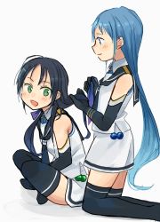 Rule 34 | 2girls, annin musou, bad id, bad twitter id, black gloves, black hair, black legwear, blue eyes, blue hair, commentary request, elbow gloves, gloves, gradient hair, green eyes, highres, holding, holding hair, indian style, kantai collection, kneeling, long hair, low twintails, multicolored hair, multiple girls, neckerchief, sailor collar, samidare (kancolle), school uniform, serafuku, shirt, simple background, sitting, sleeveless, sleeveless shirt, suzukaze (kancolle), swept bangs, thighhighs, twintails, very long hair, white background