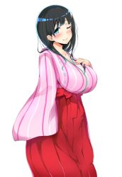 Rule 34 | 125buri, 1girl, black hair, blue eyes, blush, breasts, dress, female focus, highres, huge breasts, japanese clothes, long hair, long skirt, miko, mole, one eye closed, simple background, skirt, solo, standing, white background, wink