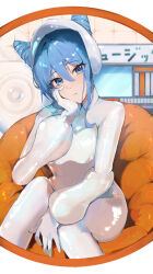 Rule 34 | 1girl, absurdres, blue eyes, blue hair, bodysuit, closed mouth, couch, double bun, expressionless, hair between eyes, hair bun, head rest, highres, hololive, hoshimachi suisei, looking at viewer, medium hair, sitting, solo, star (symbol), star in eye, symbol in eye, virgo76612871, virtual youtuber, white bodysuit