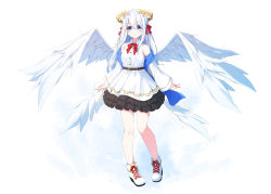 Rule 34 | 1girl, angel wings, aoi thomas, bare shoulders, blue eyes, boots, bow, closed mouth, collared dress, commentary request, cross-laced footwear, dress, feathered wings, frilled dress, frills, full body, hair between eyes, hair bow, highres, jacket, lace-up boots, laurel crown, long hair, long sleeves, multiple wings, off shoulder, open clothes, open jacket, original, red bow, sleeveless, sleeveless dress, sleeves past wrists, smile, solo, standing, very long hair, white dress, white footwear, white hair, white jacket, white wings, wide sleeves, wings