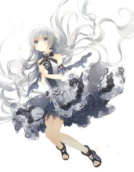 Rule 34 | 1girl, armband, bare shoulders, braid, dress, frilled dress, frills, grey eyes, lolita fashion, long hair, original, sandals, shoes, silver hair, simple background, solo, tears, very long hair, yamiko