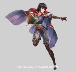Rule 34 | 1girl, black hair, book, boots, bracelet, brown eyes, cape, company name, cuboon, fire emblem, fire emblem: thracia 776, fire emblem heroes, full body, gloves, grey background, jewelry, necklace, official art, olwen (fire emblem), simple background, solo