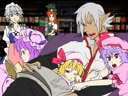 Rule 34 | 00s, 1girl, 5girls, blonde hair, blush, book, bow, buront, crossover, dress, final fantasy, final fantasy xi, flandre scarlet, hair bow, hair ribbon, hong meiling, izayoi sakuya, long hair, maid, maruman, multiple girls, open mouth, patchouli knowledge, pointy ears, puffy short sleeves, puffy sleeves, purple hair, red eyes, red hair, remilia scarlet, ribbon, short hair, short sleeves, silver hair, smile, the iron of yin and yang, touhou, vampire