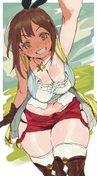 Rule 34 | 1girl, absurdres, atelier (series), atelier ryza, atelier ryza 1, blush, breasts, brown eyes, brown hair, cleavage, hair ornament, hairclip, hat, highres, jewelry, large breasts, looking at viewer, necklace, no sclera, open mouth, plump, red shorts, reisalin stout, short hair, short shorts, shorts, smile, solo, thick thighs, thighhighs, thighs, white hat, whoopsatro, wide hips