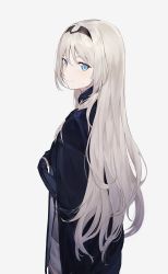 Rule 34 | 1girl, absurdres, an-94 (girls&#039; frontline), black gloves, black jacket, blue eyes, blurry, closed mouth, depth of field, flipped hair, girls&#039; frontline, gloves, hair between eyes, hairband, highres, jacket, jacket on shoulders, light smile, long hair, long sleeves, looking at viewer, looking to the side, open clothes, open jacket, shichi (ratorin53), short shorts, shorts, sidelocks, sideways glance, solo, standing, thigh strap, tsurime, white hair