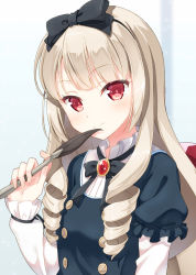 Rule 34 | 10s, 1girl, bow, drill hair, hair bow, hairband, holding, hyuuga azuri, light brown hair, long hair, looking at viewer, ogasawara rinko, pen, quill, red eyes, shirobako, smile, solo, twin drills, upper body