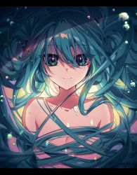 Rule 34 | 1girl, air bubble, aqua hair, bubble, entangled, green eyes, hair censor, hair over breasts, hair over eyes, hatsune miku, highres, letterboxed, long hair, naganegi, nude, shade, smile, solo, straight-on, submerged, twintails, upper body, vocaloid