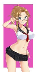 Rule 34 | 1girl, :d, ahoge, aimobake, alternate hairstyle, armpits, bare arms, bare shoulders, bespectacled, black-framed eyewear, black sailor collar, black skirt, blouse, blue eyes, braid, breasts, brown hair, cleavage, collarbone, commentary request, contrapposto, cowboy shot, crop top, french braid, glasses, grin, hand up, highres, idolmaster, idolmaster cinderella girls, long hair, looking at viewer, matsumoto sarina, medium breasts, microskirt, midriff, navel, necktie, open mouth, parted bangs, pink background, pleated skirt, ponytail, red necktie, sailor collar, school uniform, semi-rimless eyewear, serafuku, shirt, short necktie, side braid, sidelocks, skirt, sleeveless, sleeveless shirt, smile, solo, standing, stomach, taut clothes, thighs, twin braids, two-tone background, under-rim eyewear, w, white background, white shirt