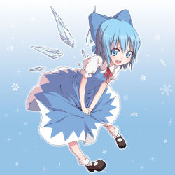 Rule 34 | 1girl, bad id, bad pixiv id, blue eyes, blue hair, blush, bow, chika (orange pop), cirno, dress, hair bow, highres, ice, mary janes, matching hair/eyes, open mouth, pigeon-toed, shoes, short hair, smile, snowflakes, solo, touhou, wings