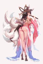 Rule 34 | 1girl, animal ear fluff, animal ears, ass, ass focus, bare shoulders, bent over, blush, breasts, brown hair, destiny child, detached sleeves, dress, fox ears, fox girl, fox tail, from behind, hair ornament, high heels, jewelry, lips, long hair, long legs, looking at viewer, multicolored hair, open mouth, panties, red panties, renard (destiny child), sideboob, smile, solo, tail, thick thighs, thighs, turning head, underwear, upskirt, white hair, wide sleeves, yellow eyes, zerocat