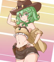 Rule 34 | 1girl, alternate costume, black shorts, bright pupils, brown hat, brown jacket, closed mouth, commentary request, commission, cow girl, cowboy hat, cowboy shot, eyewear on headwear, gradient background, green eyes, green hair, gun, hand on headwear, hat, jacket, looking at viewer, midriff, mizusoba, multicolored background, navel, short hair, shorts, skeb commission, solo, touhou, weapon, white pupils, yamashiro takane