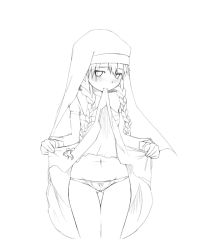 Rule 34 | 1girl, angelene, blush, braid, clothes lift, dress, dress lift, flat chest, freckles, greyscale, long hair, looking at viewer, megane chuu, monochrome, mouth hold, navel, nun, panties, simple background, solo, toaru majutsu no index, underwear, white background