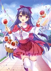 Rule 34 | 1girl, absurdres, apple earrings, black hair, bow, capelet, day, earrings, food-themed earrings, food themed earrings, hair bow, highres, holding, jewelry, leg up, long hair, looking at viewer, open mouth, original, outdoors, purple eyes, red bow, red ribbon, red skirt, ribbon, satou satoru, shirt, skirt, solo, thighhighs, very long hair, white shirt, white thighhighs, zettai ryouiki