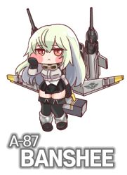 Rule 34 | 1girl, :&lt;, autocannon, banshee (last origin), black gloves, black skirt, black thighhighs, blush stickers, boots, cannon, cervical, character name, chibi, full body, gloves, goggles, goggles around neck, hair between eyes, jitome, last origin, light green hair, looking at viewer, miniskirt, pleated skirt, red eyes, skirt, solo, thigh boots, thighhighs