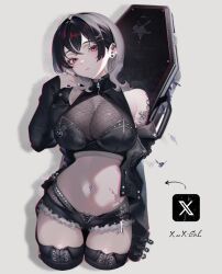 1girl arm_tattoo black_eyes black_footwear black_hair black_jacket black_nails black_shorts boots breasts cleavage coffin fishnet_top fishnets flower_tattoo hair_ornament highres jacket large_breasts nail_polish navel navel_piercing open_clothes open_jacket personification piercing short_hair short_shorts shorts siiar_(lvlcmxcix) tattoo twitter x_hair_ornament