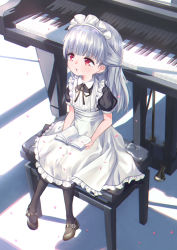 Rule 34 | 1girl, apron, black dress, black footwear, black pantyhose, book, child, dress, full body, grand piano, highres, instrument, long hair, maid, maid headdress, mary janes, original, pantyhose, petals, piano, piano bench, reading, red eyes, shoes, short sleeves, silver hair, sitting, solo, white apron, yucchi (przs2843)