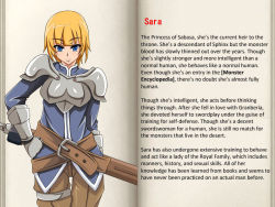 Rule 34 | armor, blonde hair, blue eyes, character profile, mon-musu quest!, tagme, text focus, translated