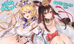 2girls :d anniversary artist_name black_hair blonde_hair blue_eyes breasts cleavage closed_mouth colored_inner_hair elizabeth_(ta_ga_tame_no_alchemist) hair_between_eyes hair_ornament jewelry large_breasts long_hair looking_at_viewer midriff mikoto_(ta_ga_tame_no_alchemist) multicolored_hair multiple_girls necklace official_art open_mouth purple_eyes red_hair second-party_source simple_background sitting smile ta_ga_tame_no_alchemist teeth temoshi upper_teeth_only wide_sleeves