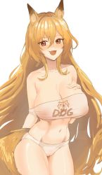 Rule 34 | 1girl, :d, absurdres, animal ears, arknights, bad id, bad pixiv id, blonde hair, blush, breasts, brown eyes, cameltoe, ceobe (arknights), clothes writing, collarbone, covered erect nipples, cowboy shot, crop top, dog ears, dog girl, dog tail, fang, hair between eyes, hand on own chest, highres, large breasts, long hair, long sleeves, looking at viewer, navel, open mouth, panties, pikanpeko, single sleeve, skin fang, smile, solo, stomach, tail, underwear, very long hair, white panties