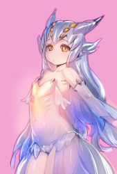 Rule 34 | 1girl, bare shoulders, blue hair, blush, bow (bhp), elbow gloves, female focus, flat chest, gloves, gradient hair, grey hair, helmet, long hair, looking at viewer, monster hunter, monster hunter: world, monster hunter (series), multicolored hair, navel, orange eyes, personification, pink background, simple background, slit pupils, solo, xeno&#039;jiiva