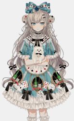 Rule 34 | 1girl, animal, black neckwear, blue bow, blue dress, blue eyes, blue flower, blue rose, bow, braid, brooch, brown hair, card, chiemo (xcem), dog, double bun, dress, expressionless, feet out of frame, flower, french braid, frills, hair bow, hair bun, highres, holding, holding animal, holding dog, jewelry, long hair, looking to the side, original, parted lips, playing card, rose, simple background, slit pupils, solo, standing, very long hair, watch, white background, white flower, white rose